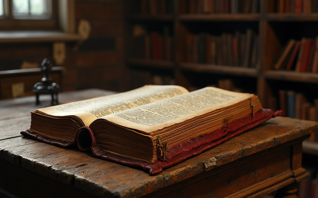 An old book laying open on a desk.