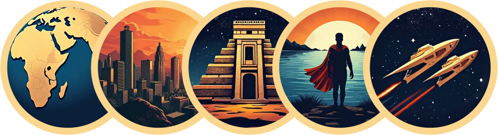 A collage of five circular images depicting the evolution of humanity and its aspirations, from early exploration (a globe focused on Africa) to futuristic space travel (spaceships). The images in between showcase industrialization (a cityscape), ancient civilizations (a Mayan temple), and the potential of the individual (a man with a cape).