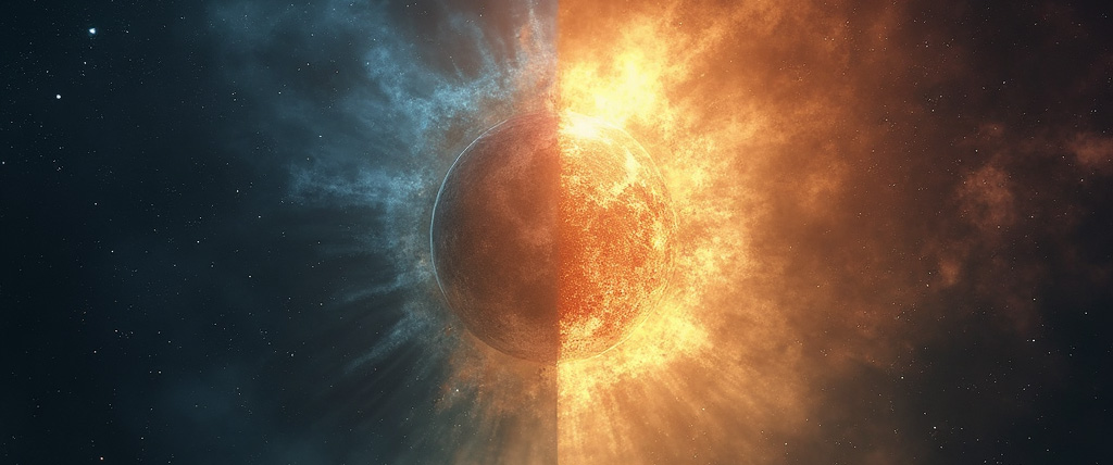 A globe, one half burning in light, the other half extinguished in shadow.